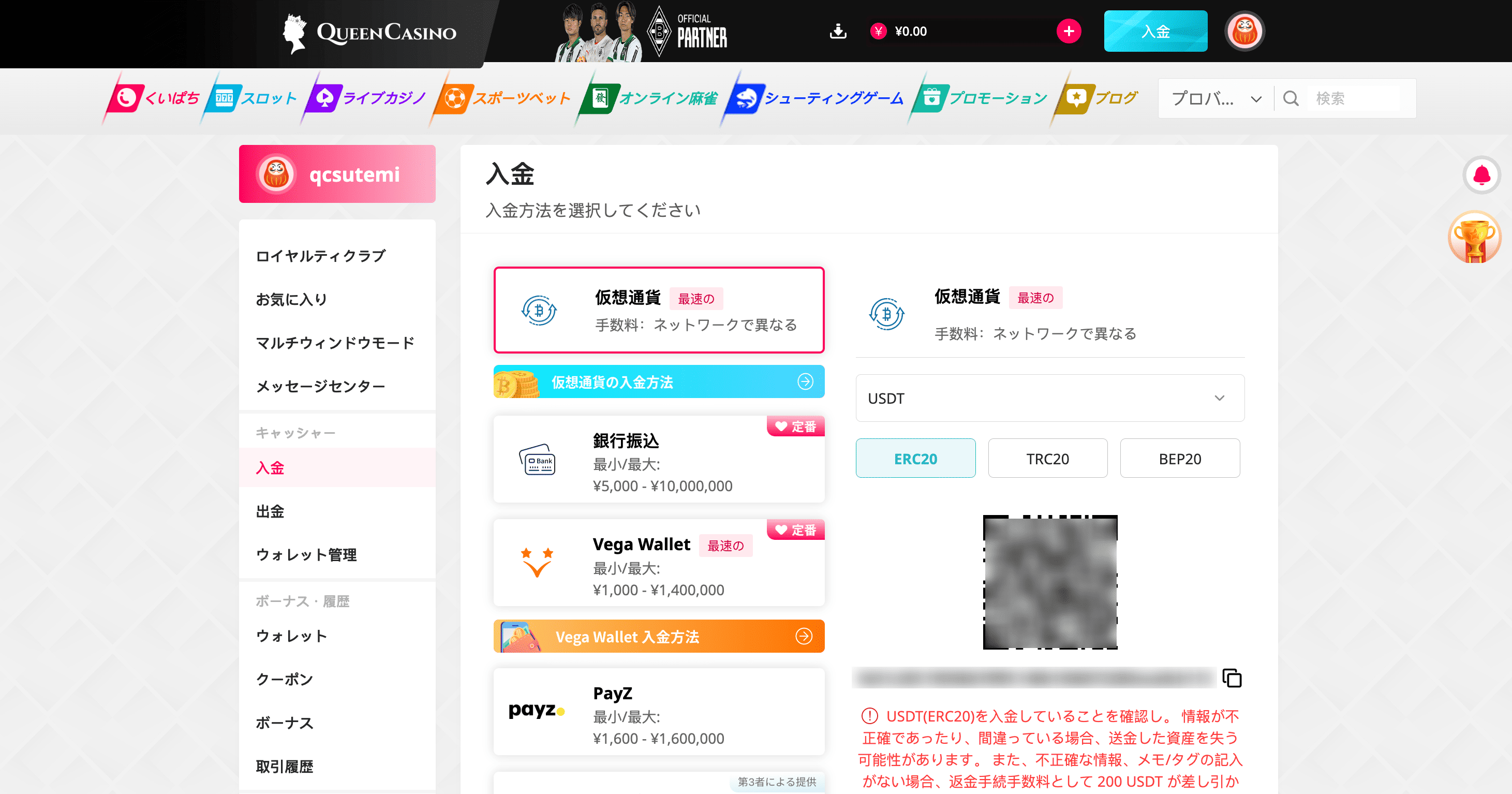 新クイーンカジノ 入金画面