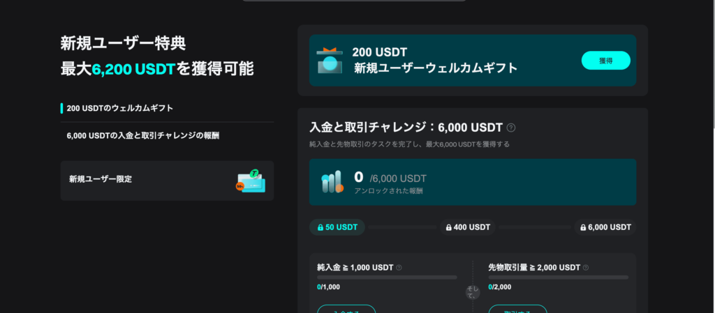 ビットゲット 新規ユーザー特典 最大6,200USDTプレゼント