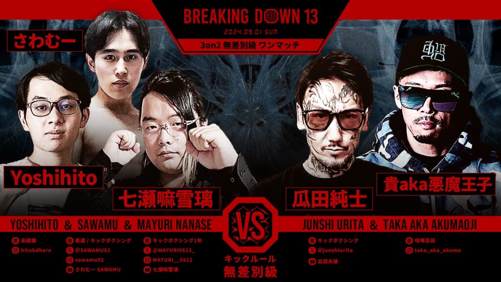 BREAKING DOWN 13
七瀬嘛雪璃・さわむー・Yoshihito vs. 瓜田純士・貴aka悪魔王子