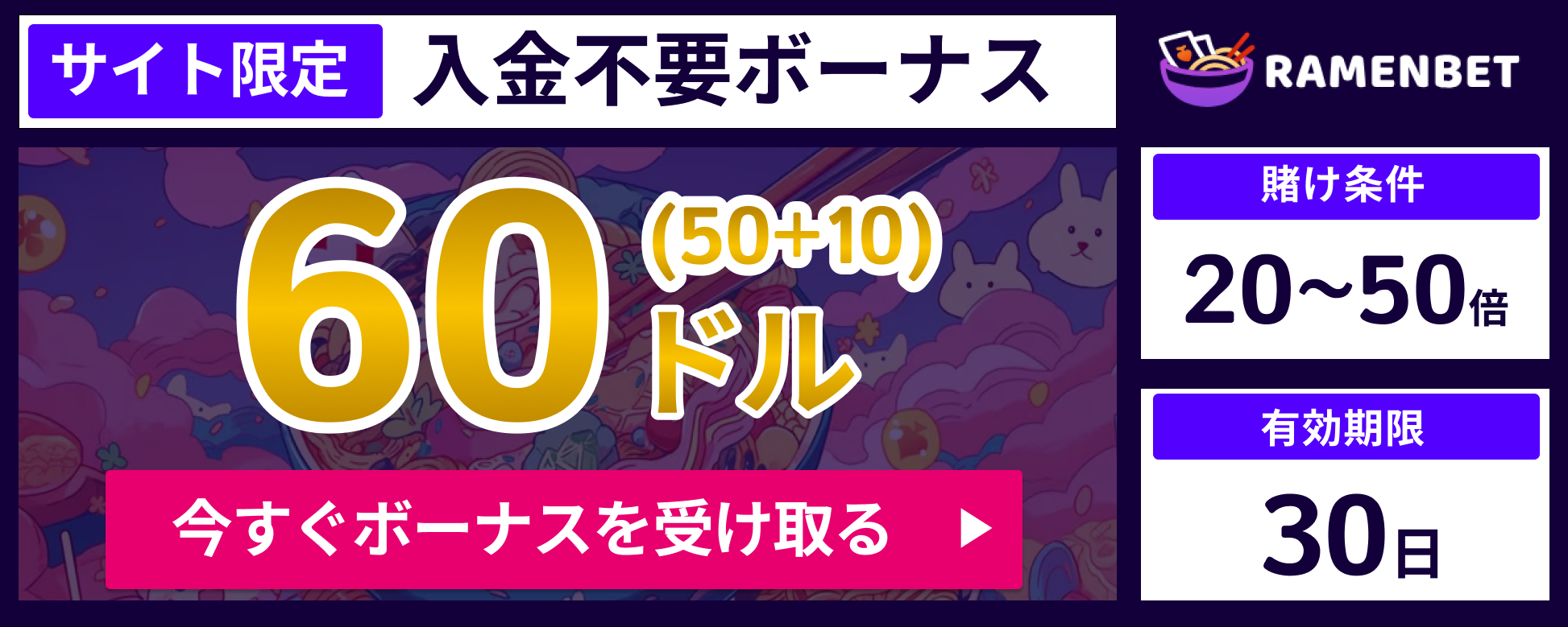 ラーメンベット入金不要ボーナス60ドル　賭け条件20-50倍有効期限30日