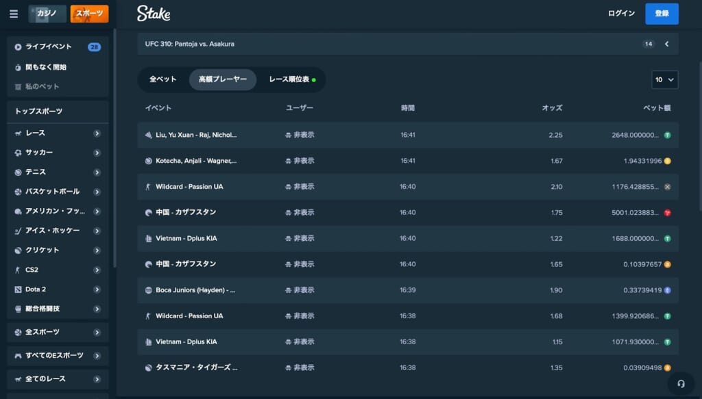 ステークカジノ スポーツ　オッズ一覧