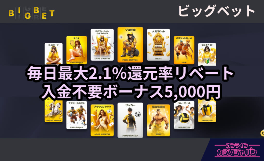 毎日最大2.1%還元率リベート 入金不要ボーナス5,000円　ビックベット