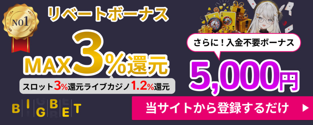 リベートボーナスMAX3%還元　スロット3％完全　ライブカジノ1.2％還元　BIGBET　当サイトから登録するだけ